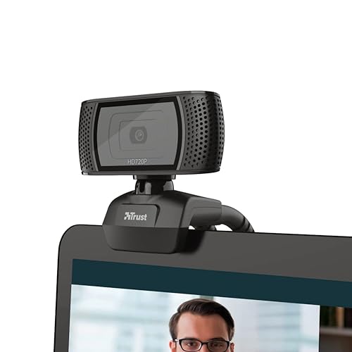Trust Trino HD Webcam con Microfono, 1280 x 720, Enfoque Fijo, Soporte Universal, USB 2.0, Camara Web soporte Windows, Mac, para Portátil, PC, Ordenador, Videoconferencias, Skype, Teams - Negro
